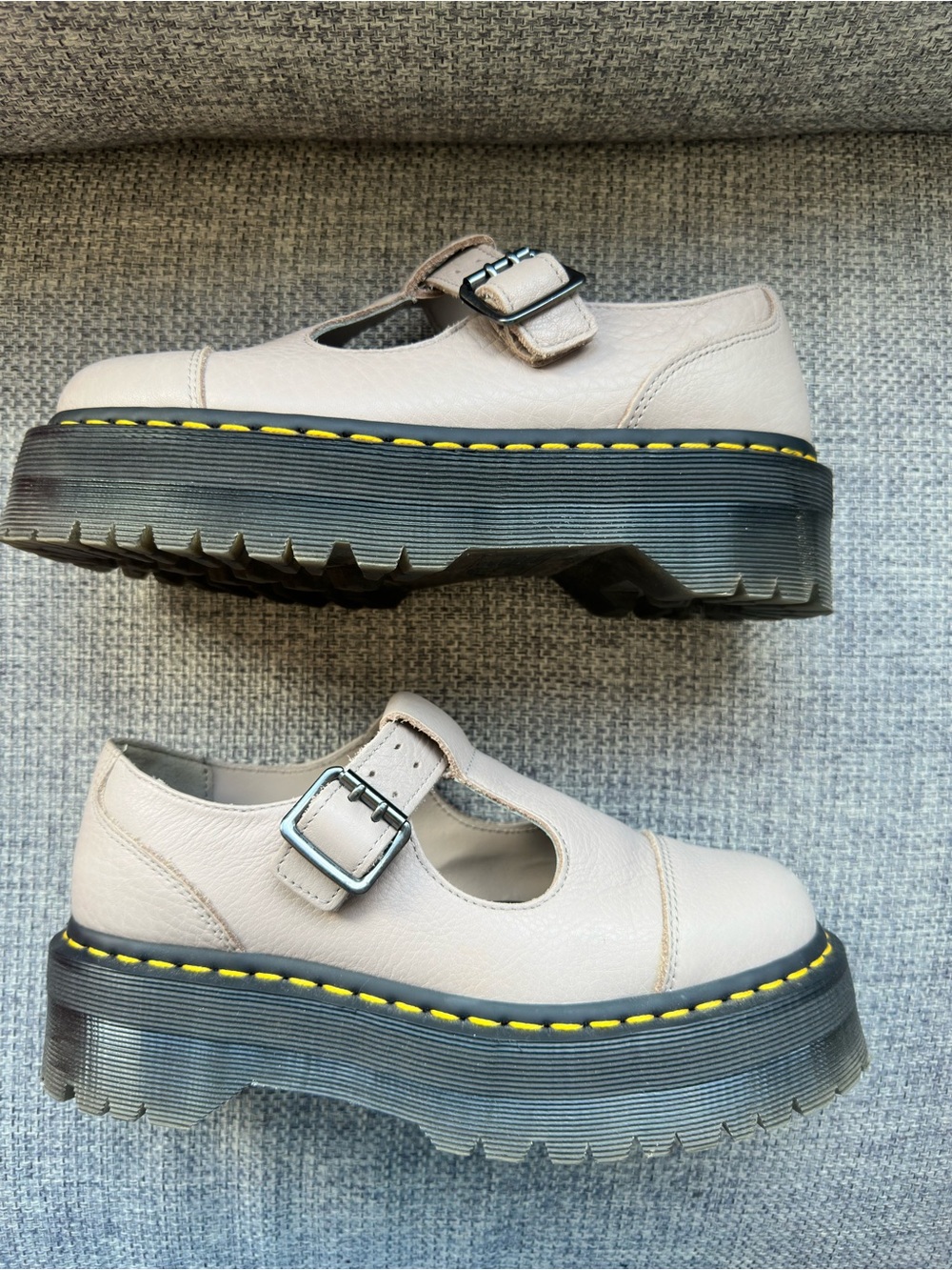 Dr. Martens Beige Platform Mary Jane with Yellow Stitching